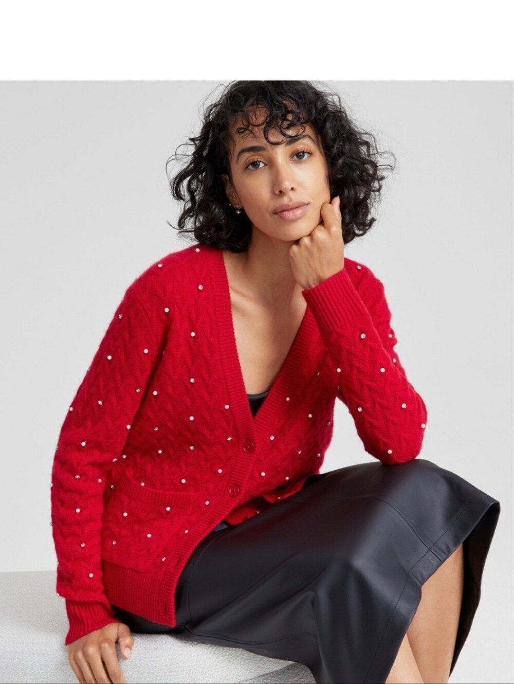 NWT Charter Club 100% Cashmere Pearl Rhinestone Cardigan Red XS